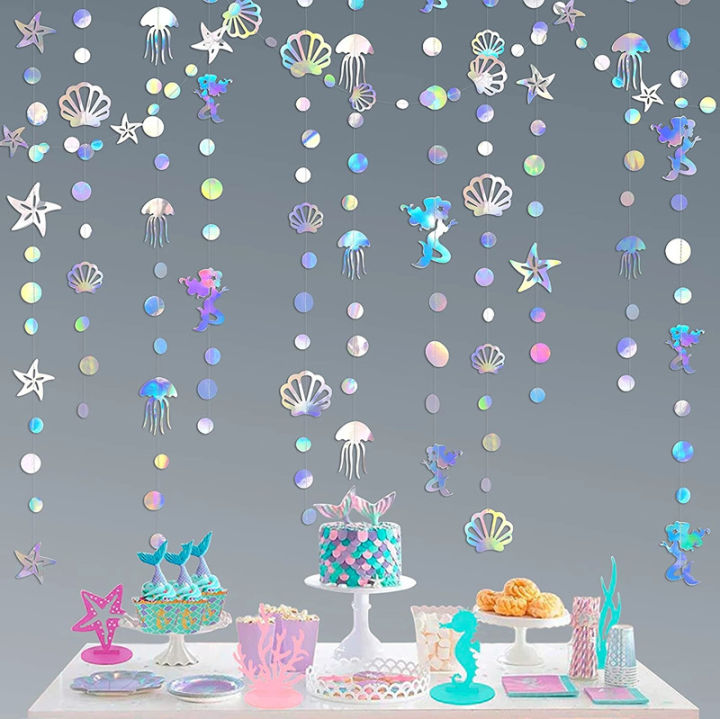 Rainbow Mermaid Garland With Jellyfish, Shell, Starfish And Pearl Paper Streamers For Little Mermaid Theme Birthday Party Decor