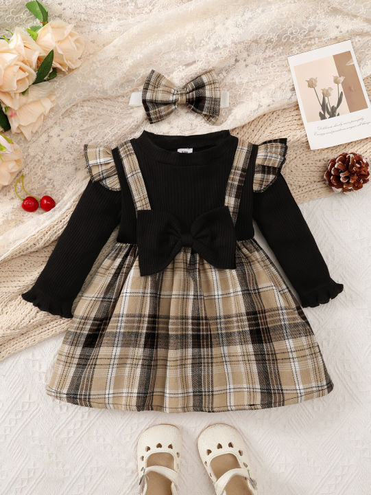 New Baby Girl Spring And Autumn Black Checkered Fake Two-piece Big Bow Headband Dress For Daily Outdoor Wear