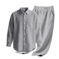 Men's Autumn Loose Trend Linen Solid Color Simple Lapel Long-Sleeved Shirt Beach Trousers Set.