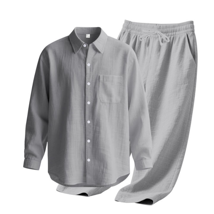 Men's%20Autumn%20Loose%20Trend%20Linen%20Solid%20Color%20Simple%20Lapel%20Long-Sleeved%20Shirt%20Beach%20Trousers%20Set%20-%20Image%204
