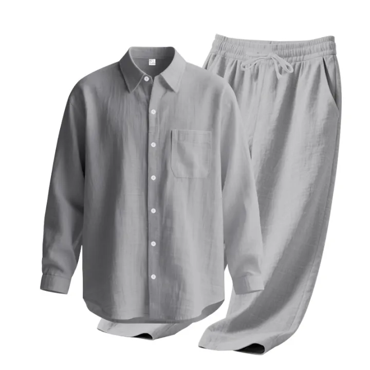 Men's%20Autumn%20Loose%20Trend%20Linen%20Solid%20Color%20Simple%20Lapel%20Long-Sleeved%20Shirt%20Beach%20Trousers%20Set%20-%20Image%204
