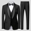 Black Men Autumn Wedding Party Three Pieces Set Large Size Male Blazer Coat Pants and Vest Fashion Slim Fit Suit.