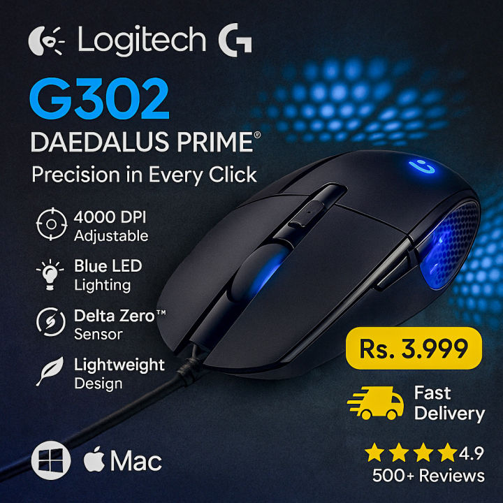 Logitech G302 Daedalus Prime MOBA Gaming Mouse | 4000 DPI | USB Wired | 6 Programmable Buttons