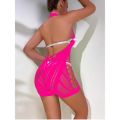 New Rhinestone Halter Neck Mesh Bodysuit with Bodycon Shorts  Clubwear Night Party Adjustable Lingerie Set for Women. 