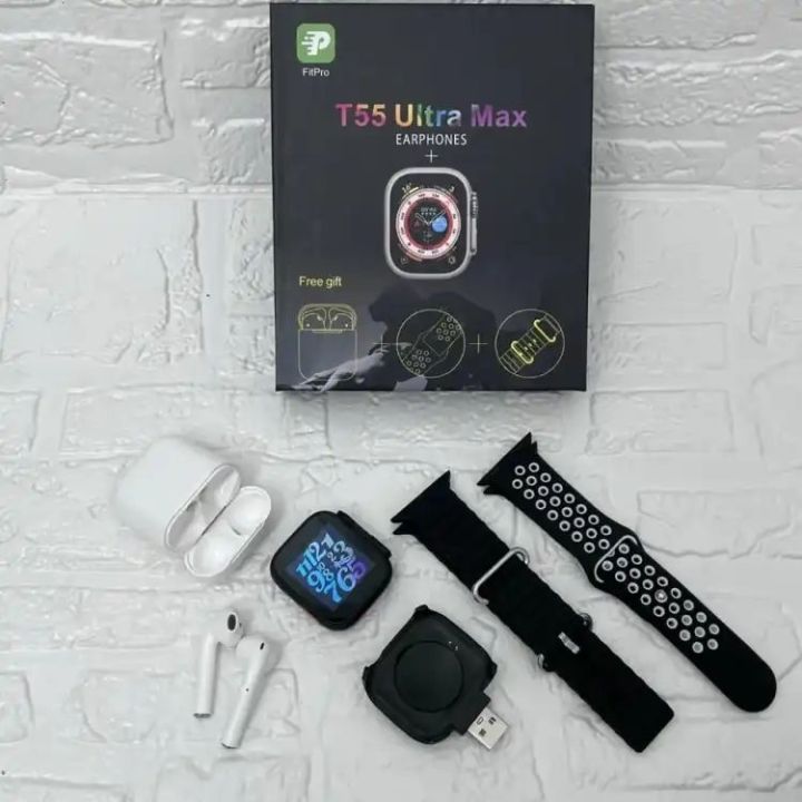 T55 ultra max Smart watc 2 straps 1 Earphones free with watch Bluetooth calling fitness tracker Health monitor men women Smartwatch
