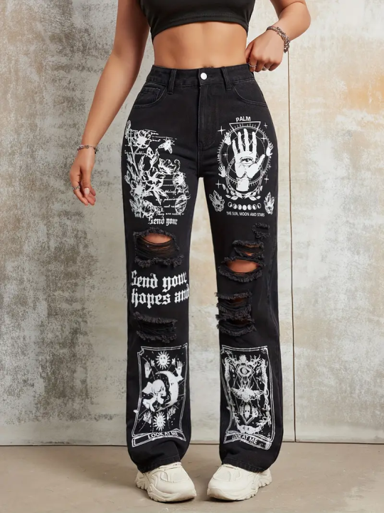 2025%20New%20Style%20Women's%20Jeans%20Women's%20Spring%20And%20Autumn%20New%20Hot%20Selling%20Street%20INS%20Same%20Style%20Print%20Ripped%20Straight%20Jeans%20-%20Image%202
