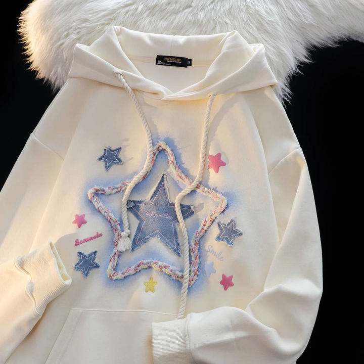 Spring%20And%20Autumn%20Star%20Print%20Milk%20Apricot%20Color%20Hooded%20Coat%20Street%20Harajuku%20Outerwear%20%EF%BB%BFVintage%20Star%20Print%20Drawstring%20Hoodies%20-%20Image%202