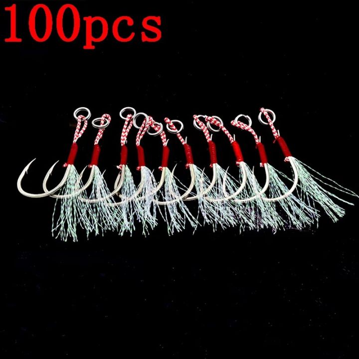 20/100pcs Slow Jigging Fishing Cast Jigs Assist Hook Barbed Single Jig Hooks Thread Feather Pesca High Carbon Steel Fishing Lure