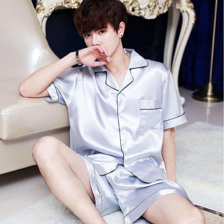 Summer%20Men's%20New%20Ice%20Silk%20Pajamas%20Homewear%20Suit%20Men's%20Thin%20Short-Sleeved%20Shorts%20Loose%20Large%20Size%20Youth%20Fashion%20Leisure%20Suit%20-%20Image%203
