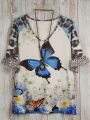 Plus Size Butterfly Print T-Shirt Casual V Neck Leopard Stitching Short Sleeve T-Shirt Women's Plus Size Clothing.
