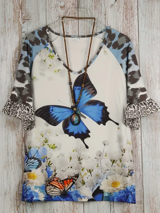 Plus%20Size%20Butterfly%20Print%20T-Shirt%20Casual%20V%20Neck%20Leopard%20Stitching%20Short%20Sleeve%20T-Shirt%20Women's%20Plus%20Size%20Clothing%20-%20Image%202