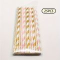 25/50pcs Pink & Golden Striped Biodegradable Paper Straws Set for Juices Cocktails Smoothies Eco-Friendly Drinkware Accessory. 