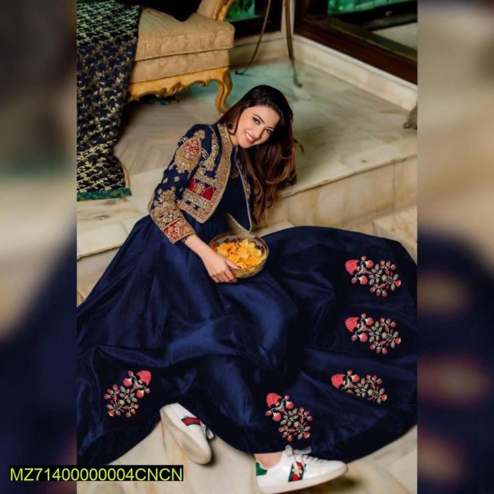 women switched silk plain maxi wirh embroidery jecket