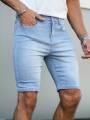 Blue Washed Men's Denim Shorts, Featuring a Casual Style, with a Length of Knee-Length Shorts, Suitable for Summer Wear..