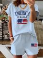 Summer Women's Comfortable and Loose White Cartoon Print Casual Loose Round Neck Short Sleeved T-Shirt Shorts Two-Piece Set. 
