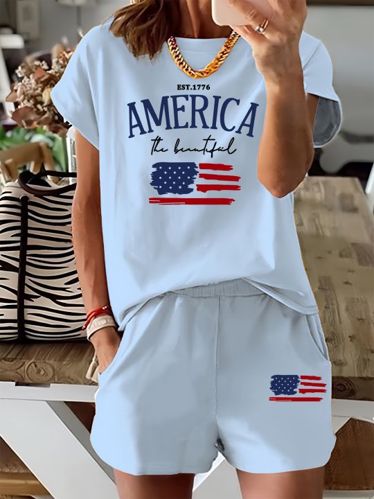 Summer%20Women's%20Comfortable%20and%20Loose%20White%20Cartoon%20Print%20Casual%20Loose%20Round%20Neck%20Short%20Sleeved%20T-Shirt%20Shorts%20Two-Piece%20Set%20-%20Image%203