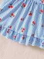 2-piece set of newborn baby girl pink cartoon strawberry plaid printed dress, cute, sweet, fresh bow headband, 0-3 months old, s.