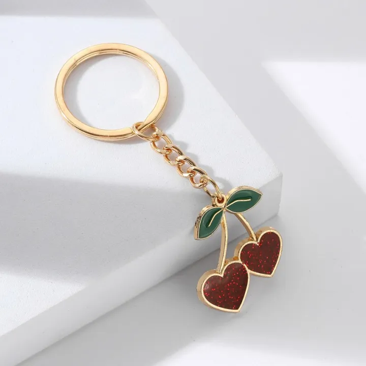 Cute Red Enamel Cherry Pendant Keychain for Women Girls Lovely Gold Color Fruit Keyring Keys Holder for Backpack Bag Gifts