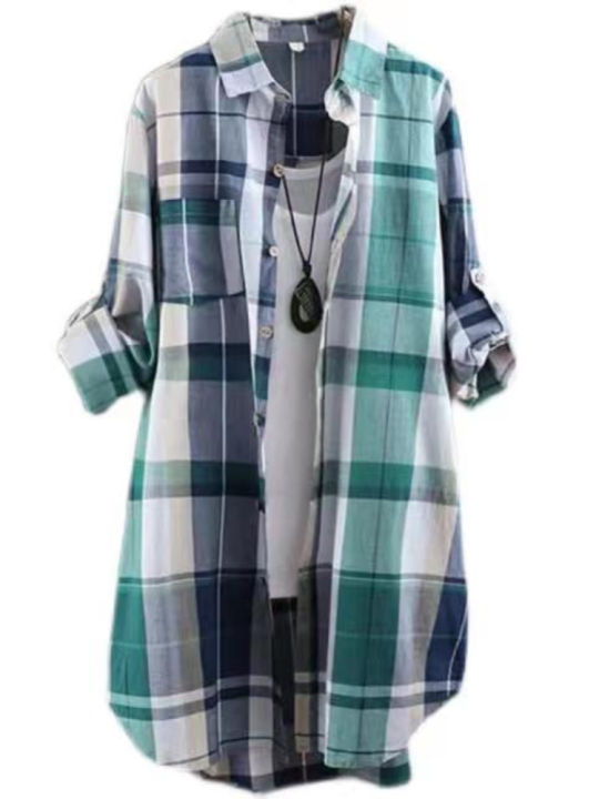 Plus%20Size%20Cotton%20Mid%20Length%20Plaid%20Print%20Women%20Autumn%20Shirts%20Casual%20Female%20Korean%20Fashion%20Long%20Sleeve%20Single-breasted%20Blouses%20-%20Image%204