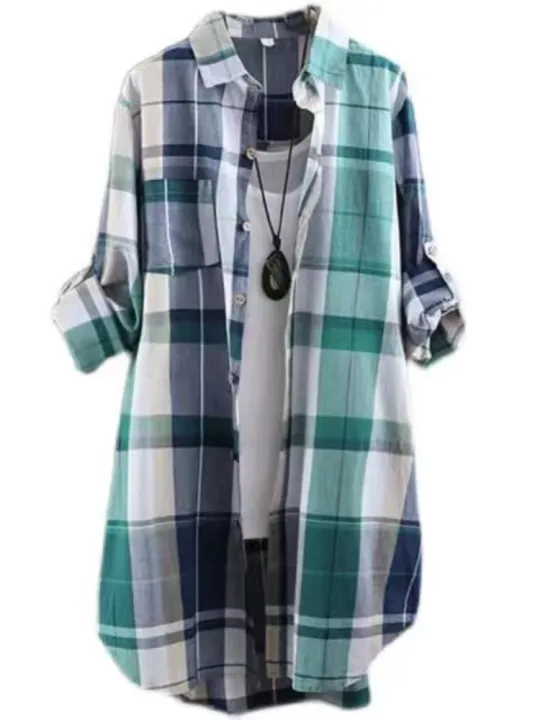 Plus%20Size%20Cotton%20Mid%20Length%20Plaid%20Print%20Women%20Autumn%20Shirts%20Casual%20Female%20Korean%20Fashion%20Long%20Sleeve%20Single-breasted%20Blouses%20-%20Image%204