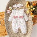 Baby Girl's All Seasons Long Sleeve Print Floral With Bow Daily Jumpsuit For Newborn-6M Clothes +Headband. 