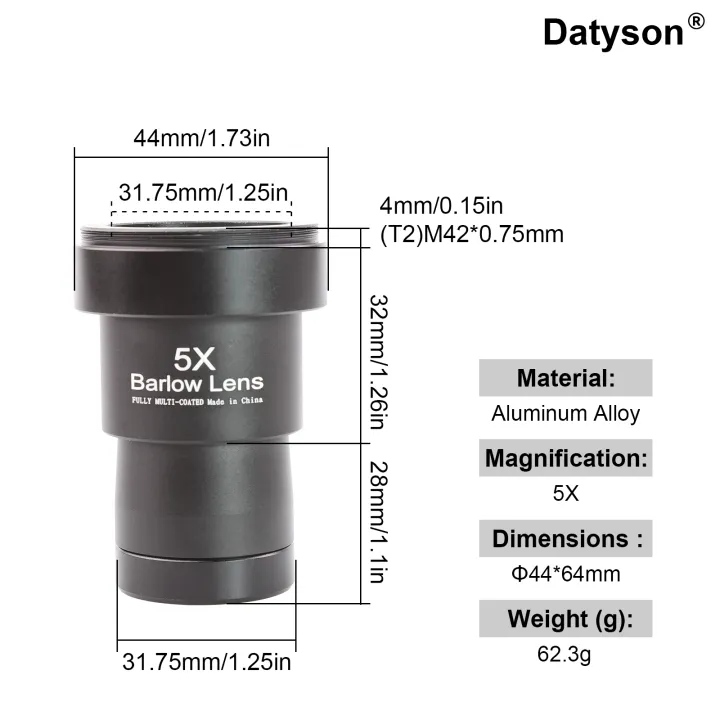 Datyson%20W5P0083BCD%201.25''%202x/3x/5x%20%20Barlow%20Lens%20Metal%20Fully%20Coated%20Focal%20Length%20Extender%20With%20M42%20Camera%20Mount%20Threads%20-%20Image%203