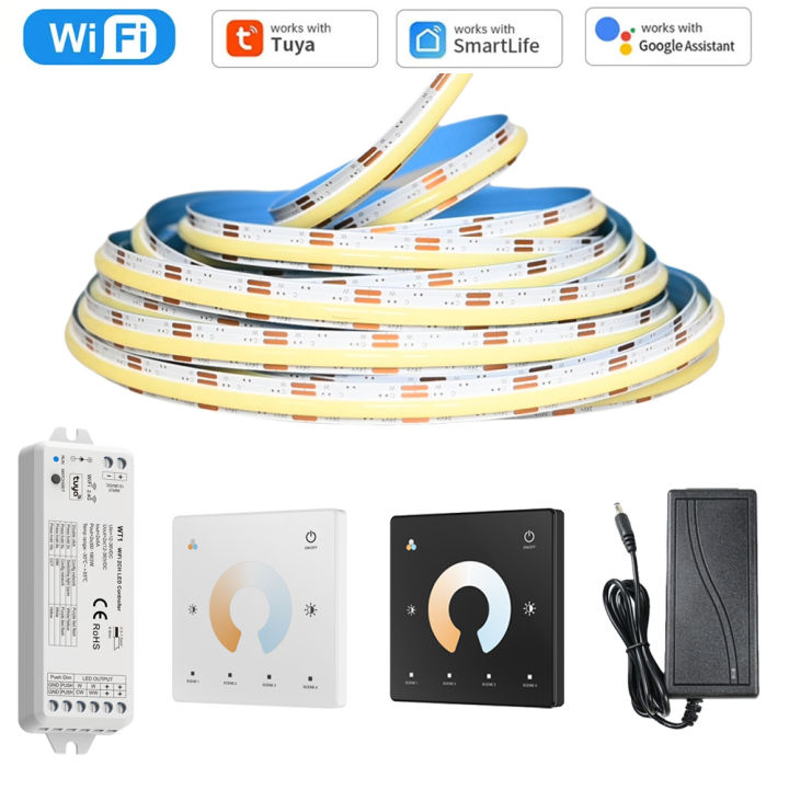 5M 10M Tuya WiFi COB CCT Led Strip 24V Dual White Room Light 2700-6500K 2.4G RF Dimming Touch Remote for Alexa  Assistant