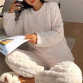 Women's pajamas set Winter Coral Velvet Homewear Fluffy O-neck leisure pajamas Velvet thickened two-piece loungewear set. 