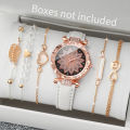 6PCS/Set Fashion Heart Dial Women's Watch Casual Leather Band Analog Quartz Watch Leaf Bracelets Set（Without Box）. 