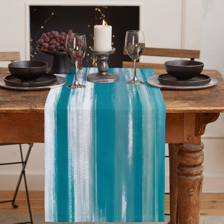 VIKAMA%20Trendy%20Turquoise%20Abstract%20Line%20Print%20Table%20Runner,%20For%20Kitchen,%20Dining%20Table,%20Dining%20Room,%20Spring%20Party%20Table%20Home%20Decor%20-%20Image%203