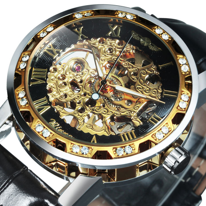 Unisex Classic Skeleton Mens Watch Luxury Diamond Case Gold Mechanical ...