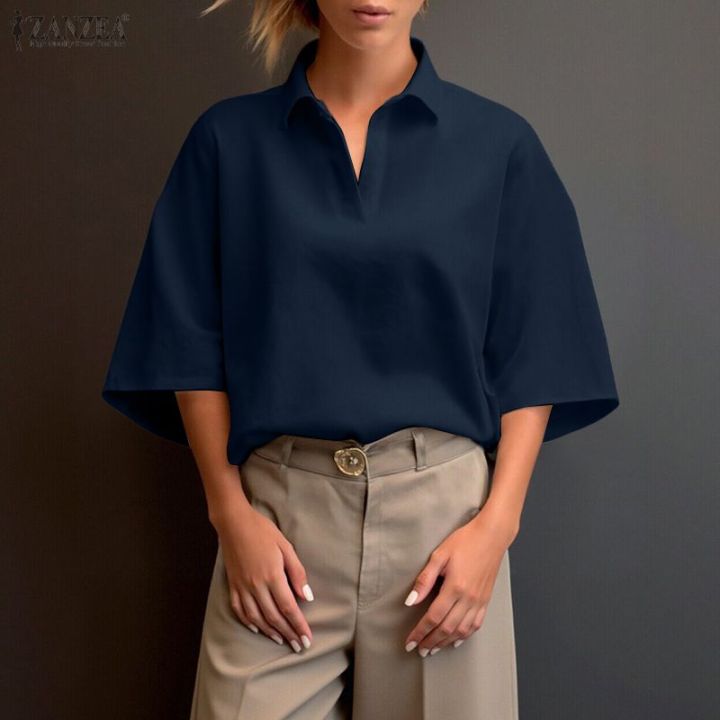 Women%20Summer%20Blouse%202026%20ZANZEA%20Fashion%20Office%20OL%20Shirt%20Lapel%20Neck%203/4%20Sleeve%20Solid%20Tunic%20Stylish%20Casual%20Cotton%20Work%20Tops%20Femme%20-%20Image%205