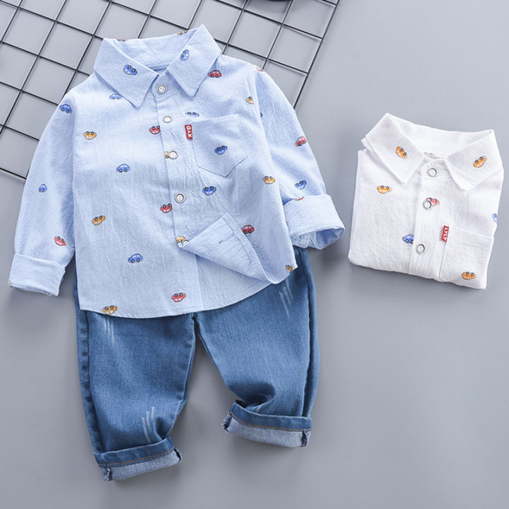 Baby Boys Clothing Set Spring Autumn New Full Print Cartoon Car Long Sleeve Shirt+Jeans 2Pcs For 1-4 Years Kids Casual Outfit