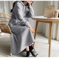 Autumn Winter Casual Women Hooded Cotton Long Dress Long Sleeved Pullover Solid Hoodie Shirring A-Line Floor-Length Rib Dresses.