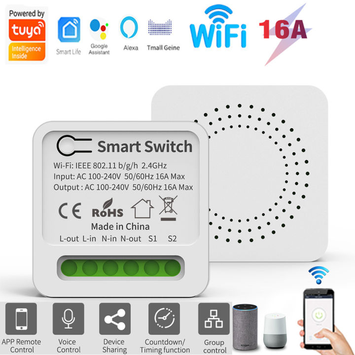 16A Tuya Smart WiFi Switch Support 2-Way DIY Switches Mini Smart Breaker Smart Life Control Support Alexa  Alice