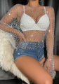 Mesh See Through T Shirt Shiny Rhinestone Fishnet Hollow Out Women Sexy Crop Top Long Sleeve Camis Cover Up Party Tank Tops. 