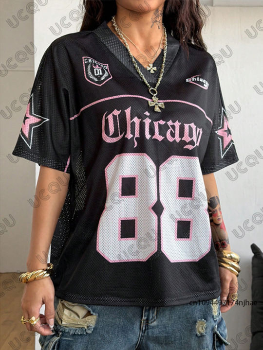 Summer%20New%20Chicago%20No.88%20Print%20T%20Shirt%20For%20Women%20V-Neck%20Patchwork%20Short%20Sleeve%20Sports%20Football%20Jersey%20Y2K%20Loose%20Oversized%20Tops%20-%20Image%203