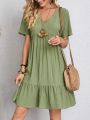 Women Elegant Short Sleeve V Neck Ruffles Dress Summer Casual Solid Loose Mini Dress Chic Bohemian Sundress Beach Party Vestidos. 