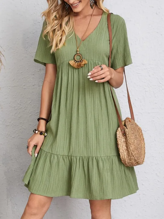 Women%20Elegant%20Short%20Sleeve%20V%20Neck%20Ruffles%20Dress%20Summer%20Casual%20Solid%20Loose%20Mini%20Dress%20Chic%20Bohemian%20Sundress%20Beach%20Party%20Vestidos%20-%20Image%203