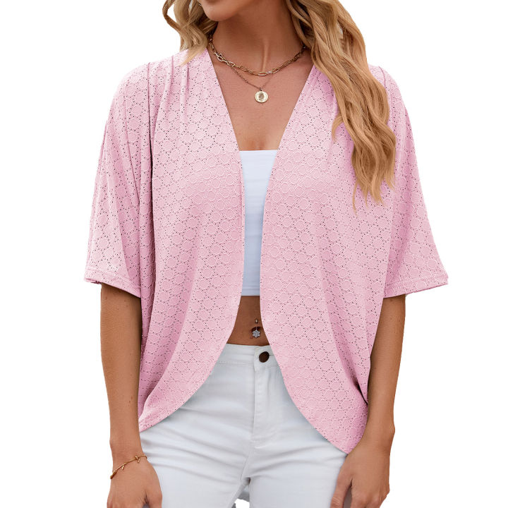 2024%20New%20Spring%20Summer%20Fashion%20Ladies%20Hollow%20Out%20Cardigan%20Solid%20Color%20Circle%20Short-Sleeved%20Casual%20Loose%20Top%20Women%20Outwear%20-%20Image%204