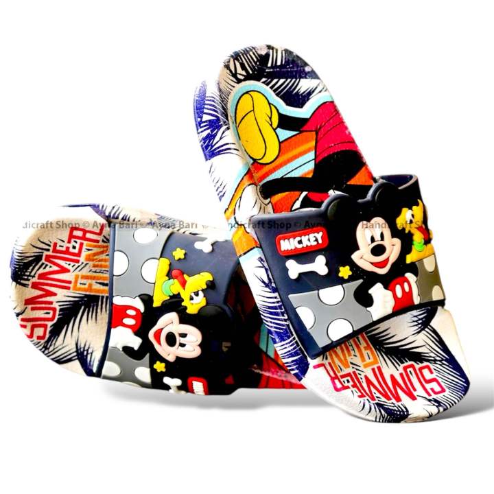 Disney Mickey Mouse Kids Sandals | Boys & Girls Sliders with Supportive Strap for Toddlers | Slides for Child | Blue & Black, Red Slip-on Pool Shoes Footwear
