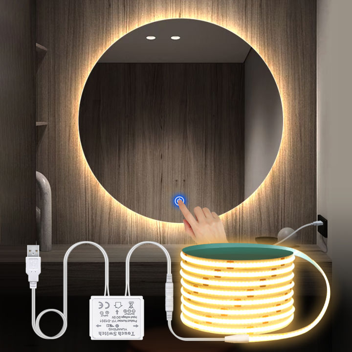 Makeup Mirror Backlight Lighting COB 5V USB LED Strip Penetrate Mirror Touch Sensor Switch Dimmable Bathroom Vanity Mirror Light