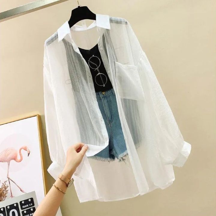 Summer%20Sunscreen%20Shirt%20Elegant%20Perspective%20Thin%20Chiffon%20Blouse%20Korean%20Harajuku%20See%20Through%20Loose%20Top%20Casual%20Women's%20Cardigan%20-%20Image%204