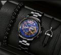 Luxury Black Stainless Steel Business Watch Deal For Men-Top Fashion Classic Round Dial Casual Watch+Natural Six Sided Oxyen Ston Nacklace+Black Natural Bead BracletFor Men/Boys Mens Fashion Watch Acessories Deal -Trendy Black Watch In Random Dial Design. 