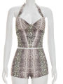 Beyprern  Snakeskin Print 2 Piece Set Women Halter V-Neck Crop Top and High Waist Skinny Shorts Summer Matching Outfits. 