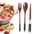 Natural Wooden Spoon Fork Chopsticks Combination Portable Travel Cloth Bag Handmade Kitchen Cutlery Set Japanese Style.