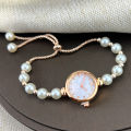 French Romantic Pearl Pull Cord Handheld Watch Elegant Small Fashion Bracelet Quartz Wristwatch Stylish Portable Timepiece. 