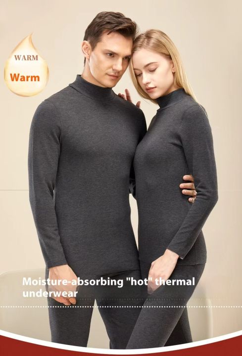New Cashmere Silk Half-High Neck Thermal Underwear De-Dong Mid-Neck Autumn Top & Trousers Fleece-Lined Thickened Couples Set