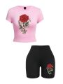Trend Woman Crop T-Shirts & Shorts Two Pieces Set Red Roses Wrapped In Ribbons Prints Tops Slim O-Neck High Elastic Soft Clothes. 