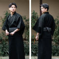 Summer Navy Japanese Traditional Samurai Kimono For Men Yukata Bathing Robe Hekoobi Loose Style Homewear Belt Long Gown Cotton.